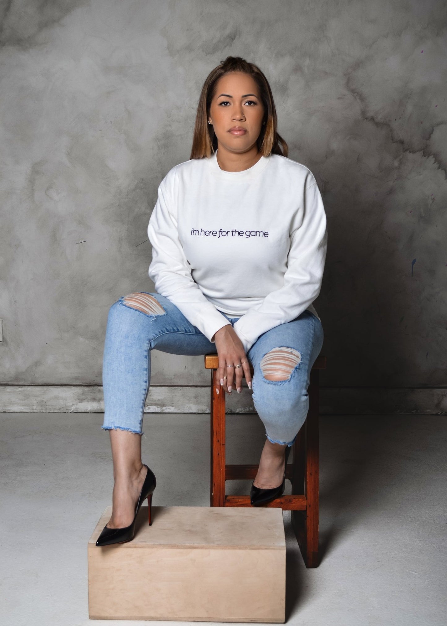 White Embroidered Script Sweatshirt - I’m Here For The Game